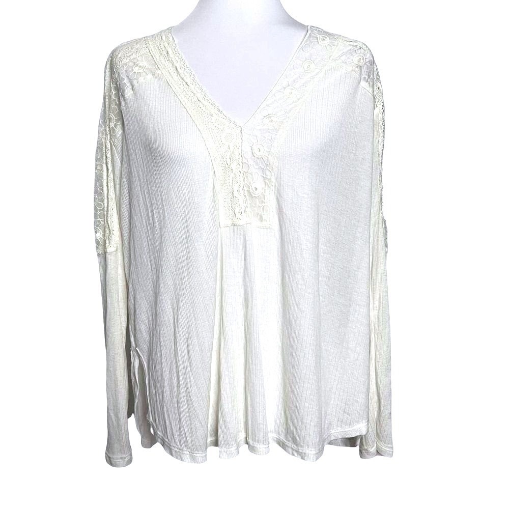Free People‎ Lace Trim Ribbed Top Womens Medium Boho V-Neck Long Sleeve White